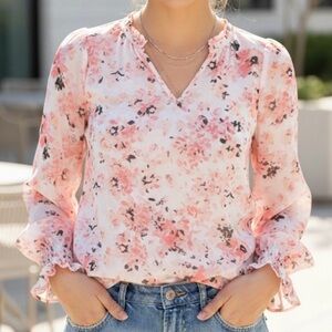 C&C CALIFORNIA Floral Ruffle Neck Blouse, Women’s M, Pink White